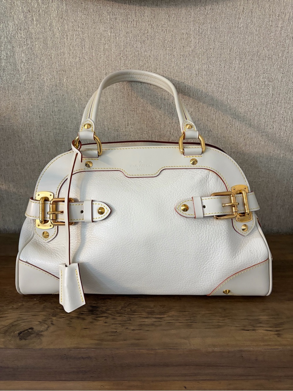 Louis Vuitton White Leather Satchel with Gold Hardware